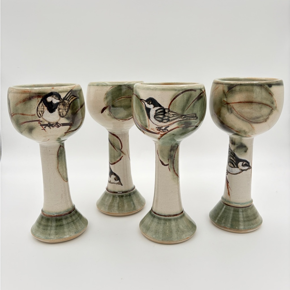 Handcrafted Glazed Ceramic Goblets with Bird Design Set of 4